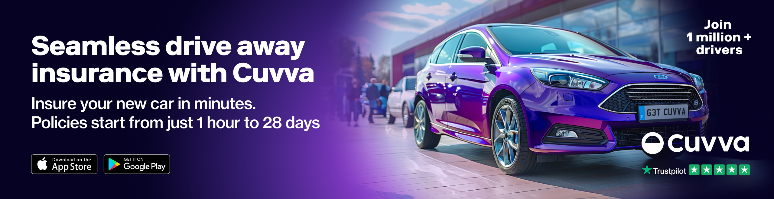 Seamless drive away insurance with Cuvva &ndash; insure your new car in minutes, policies start from just 1 hour to 28 days. Join 1 million+ drivers.