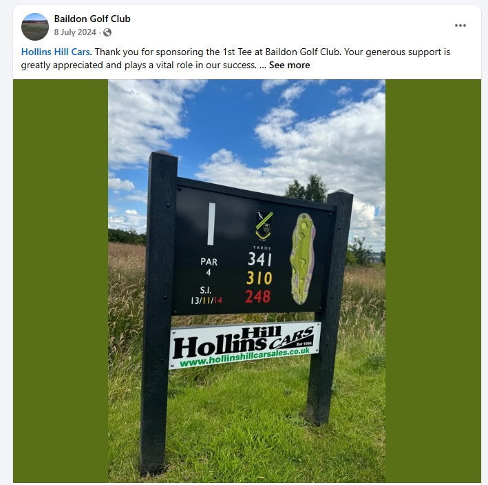 Hollins Hill Cars sponsorship board on the 1st tee at Baildon Golf Club