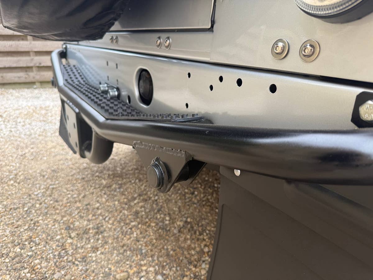 Rear crossmember and bumper detail on a prepared Defender