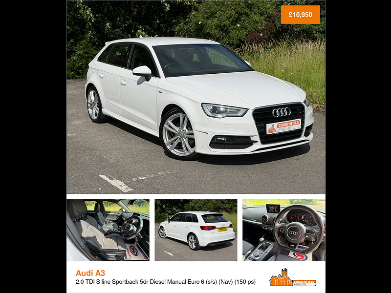 Audi A3 2.0 TDI S line Sportback 5dr Diesel Manual Euro 6 (s/s) (Nav) (150 ps)