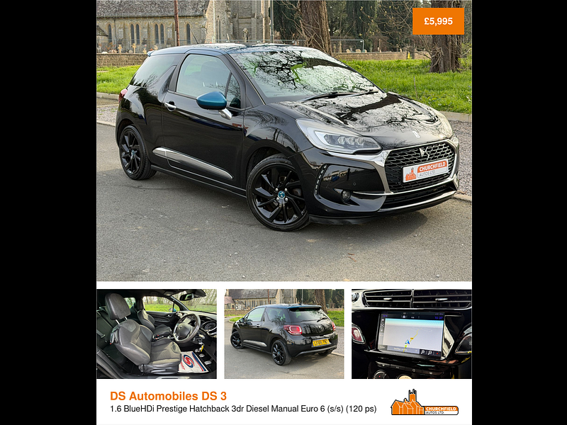 DS Automobiles DS 3 1.6 BlueHDi Prestige Hatchback 3dr Diesel Manual Euro 6 (s/s) (120 ps)