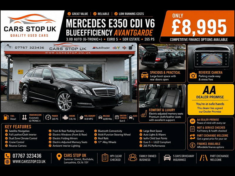 Mercedes-Benz E Class 3.0 E350 CDI V6 BlueEfficiency Avantgarde Estate 5dr Diesel G-Tronic+ Euro 5 (s/s) (265 ps) 5dr Automatic 2011